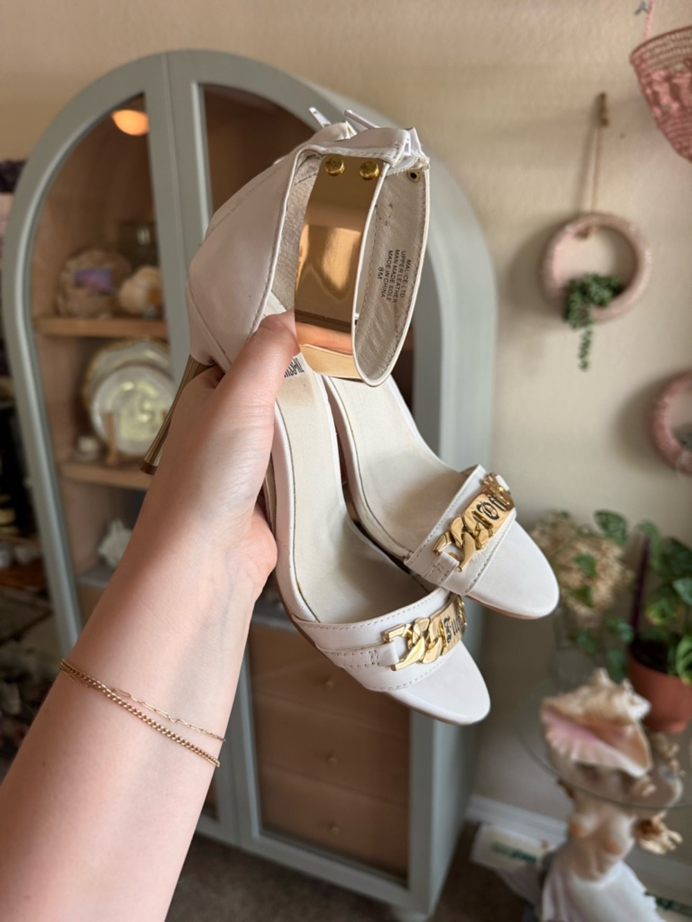 8 / jeffrey campbell White Ankle-Strap Heels with Gold Chain Detail